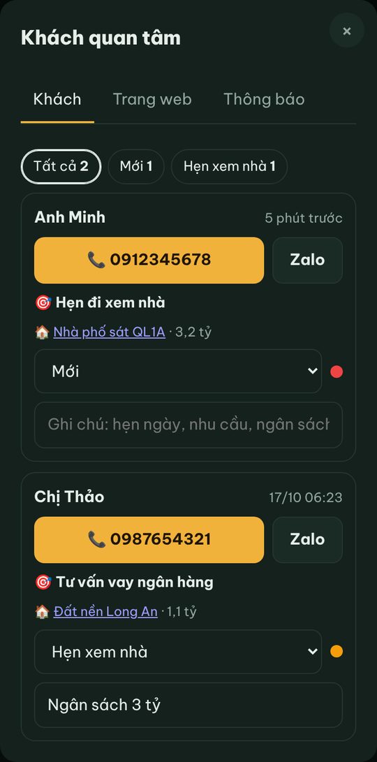 Sổ khách trong app: danh sách khách để lại số, trạng thái, ghi chú