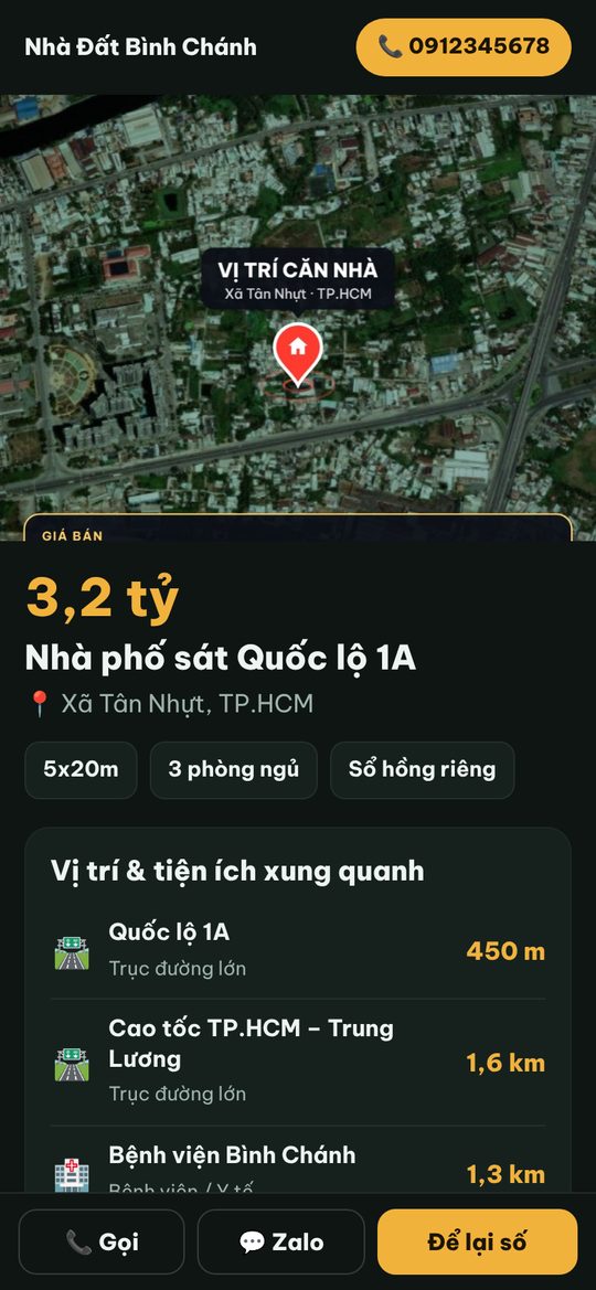 Trang web riêng của một căn nhà: giá, tiện ích xung quanh, nút Gọi, Zalo, Để lại số